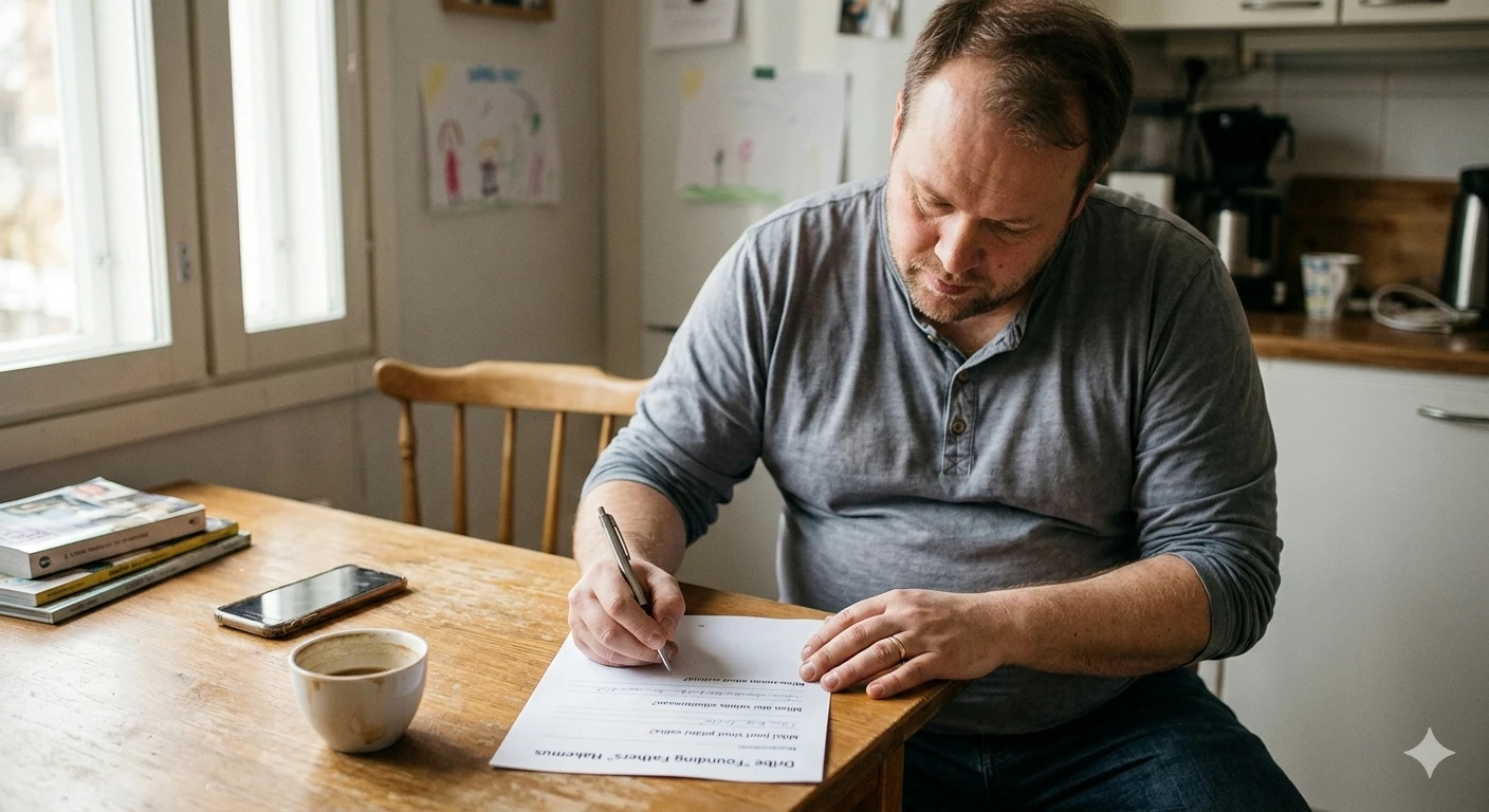 Isä täyttää Dribe Founding Fathers -hakemusta keittiön pöydän ääressä