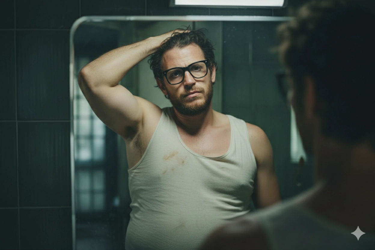 Mies katsoo itseään peilistä väsyneenä