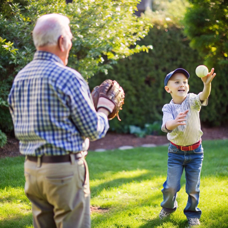 Isoisä ja lapsenlapsi pelaavat palloa pihalla