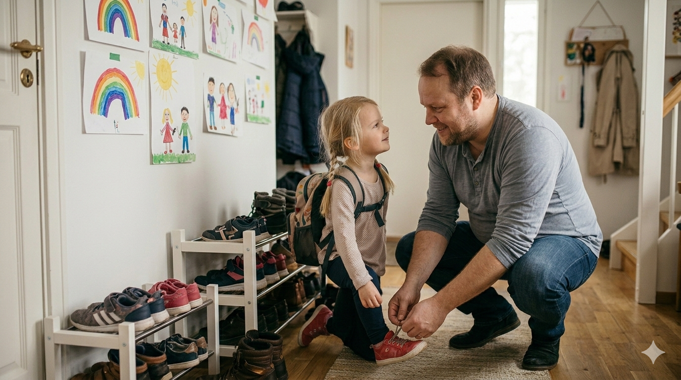 Isä sitoo tyttärensä kenkiä eteisessä — arjen sankaruutta