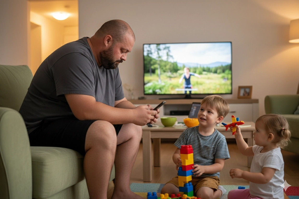 Isä istuu sohvalla puhelin kädessä lasten leikkiessä vieressä
