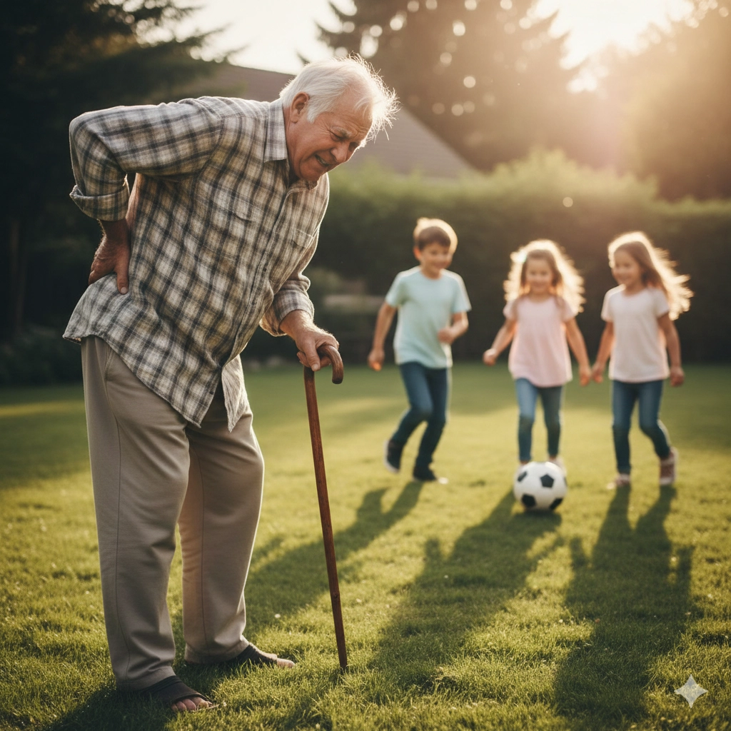 Vanhus kävelykepillä lasten leikkiessä taustalla