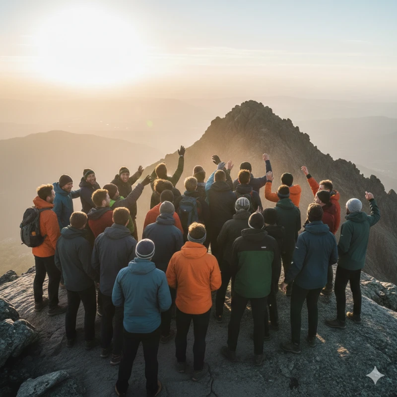Miesporukka juhlii yhdessä vuoren huipulla auringonlaskussa